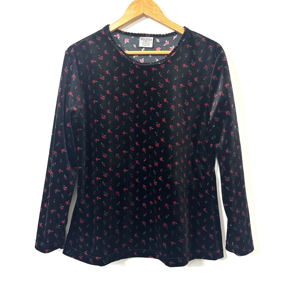 VTG Black Velvet Long Sleeve Top Roseβ Regatta Large 90s Grunge Goth Whimsigoth - Picture 2 of 7